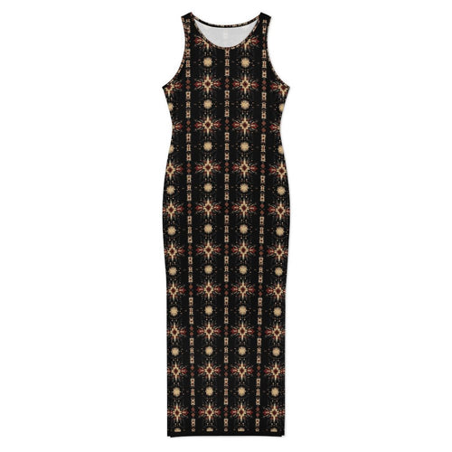 Baha Ranch Black and Tan Aztec Sleeveless Bodycon Side Slit Maxi Dress