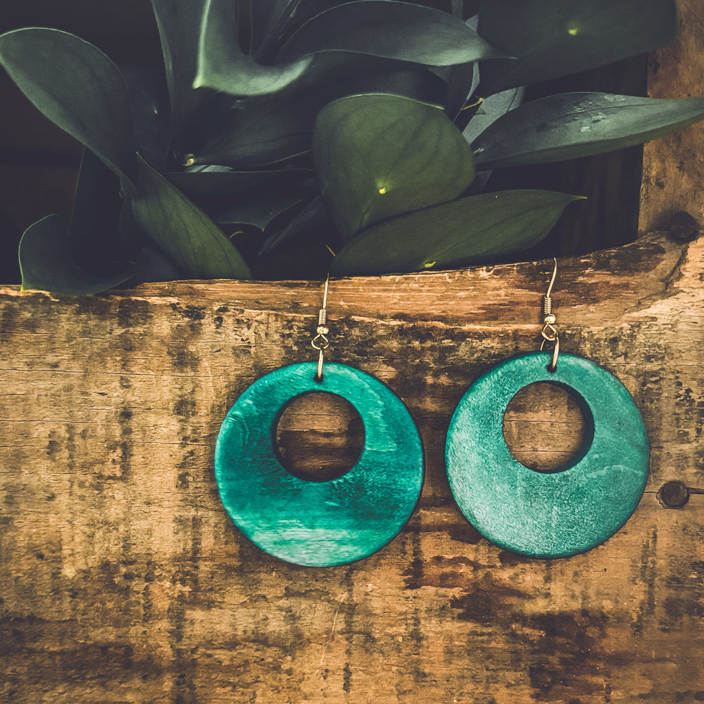 Beautiful Turquoise Wood Circle Earrings