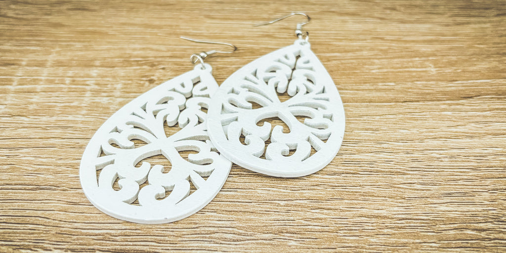 Beautiful White Wood Laser Cut Drop Earrings
