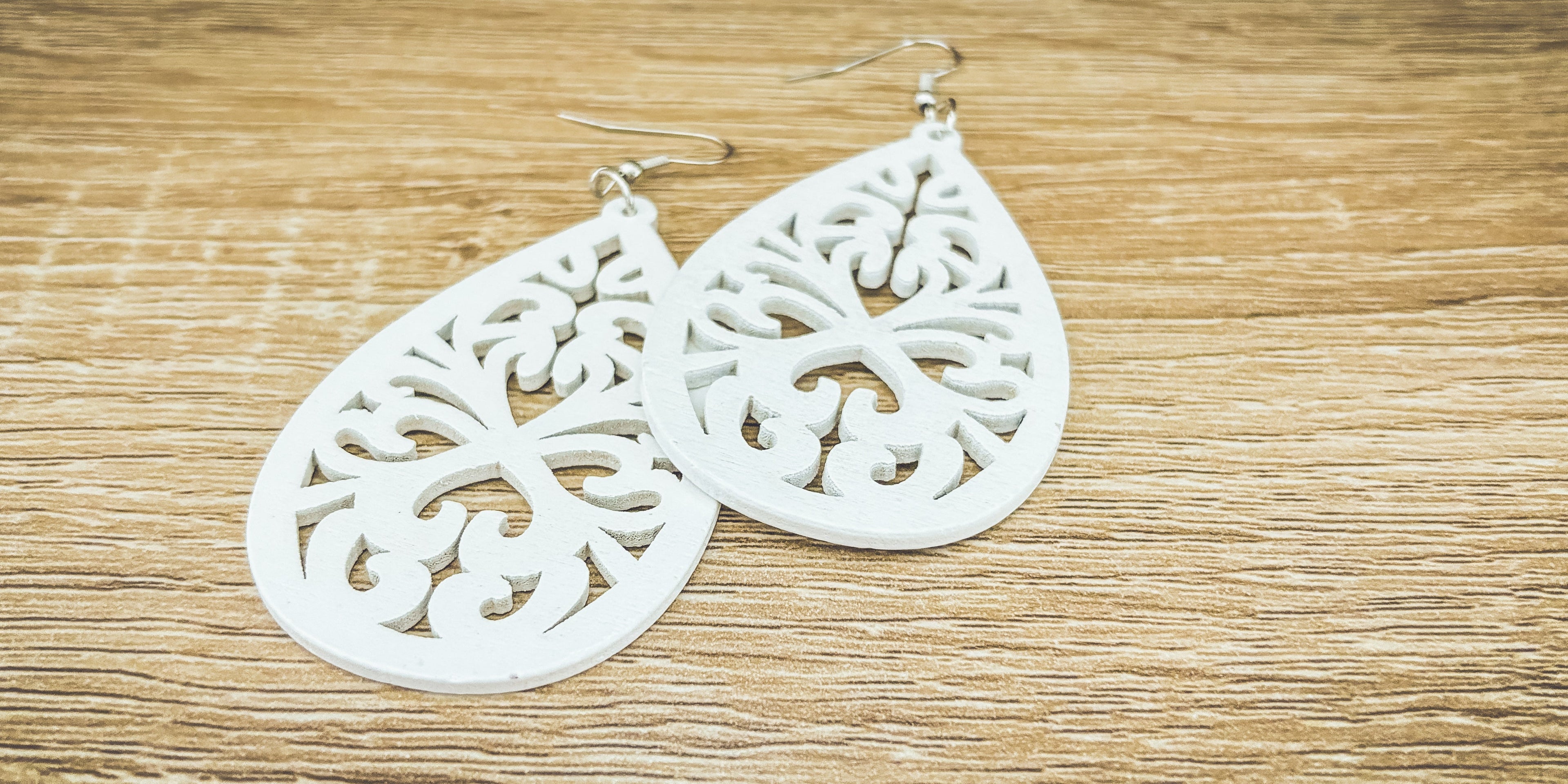 Beautiful White Wood Laser Cut Drop Earrings