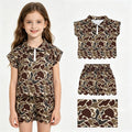 Dark brown camo scallop pullover shorts girls outfits