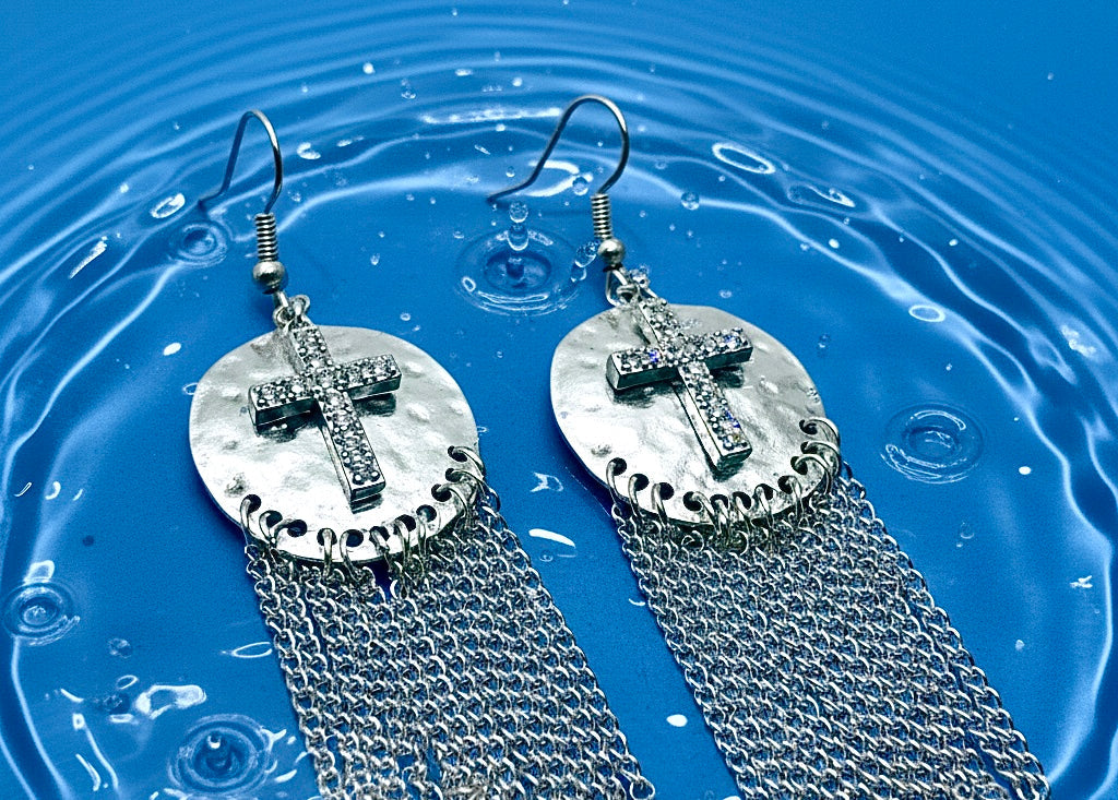 Silver or Gold Hammered Cross Earrings long chains CZ Zircon Crucifix Swag Bling Earrings Woman Cross Girls Drop Dangle Christian Jewelry Jewellery