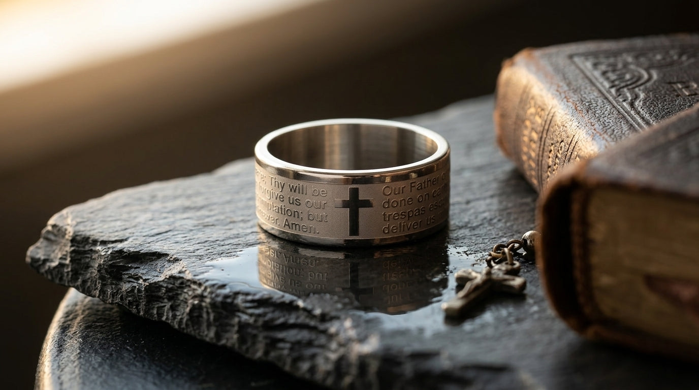 Ring Silver Lord's Prayer Our Father Wedding Rings 8mm Wide Stainless Steel Ring for Woman Waterproof Jewelry Ring Men