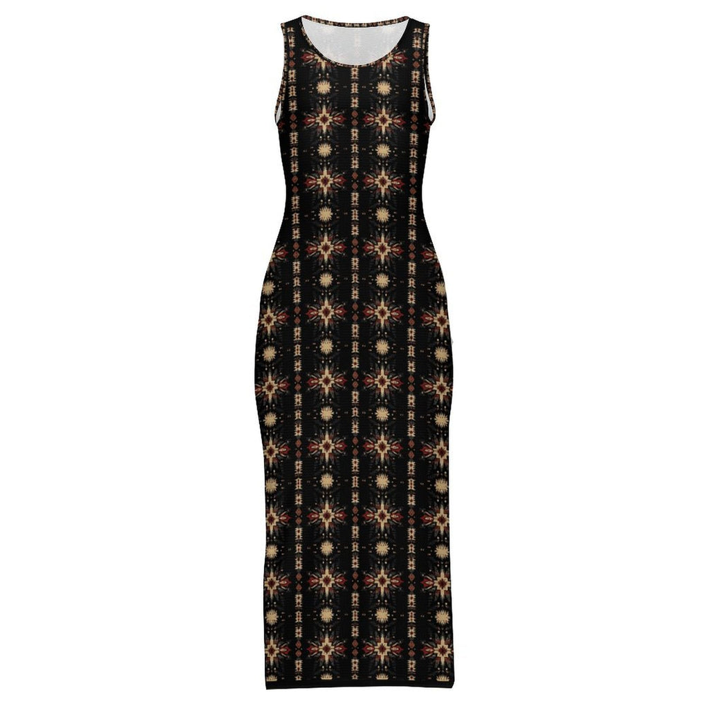 Baha Ranch Black and Tan Aztec Sleeveless Bodycon Side Slit Maxi Dress