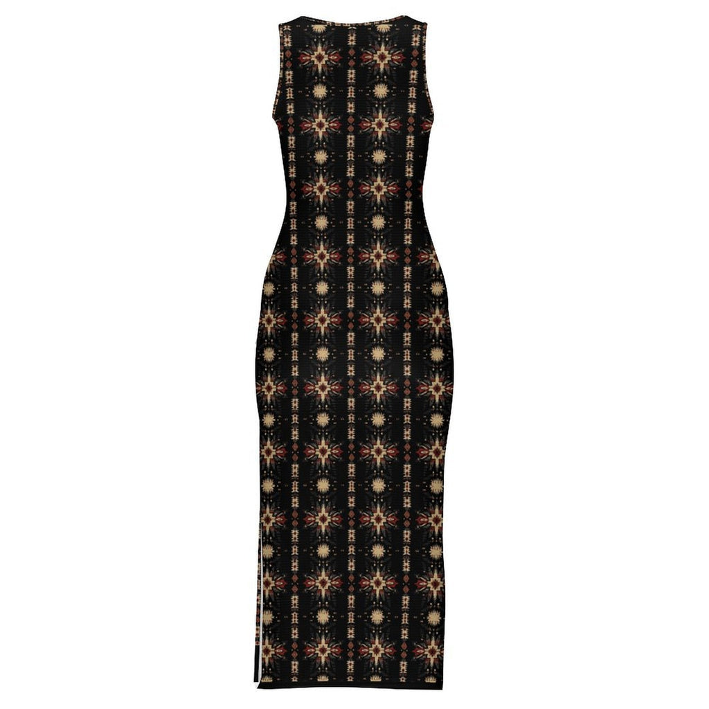 Baha Ranch Black and Tan Aztec Sleeveless Bodycon Side Slit Maxi Dress
