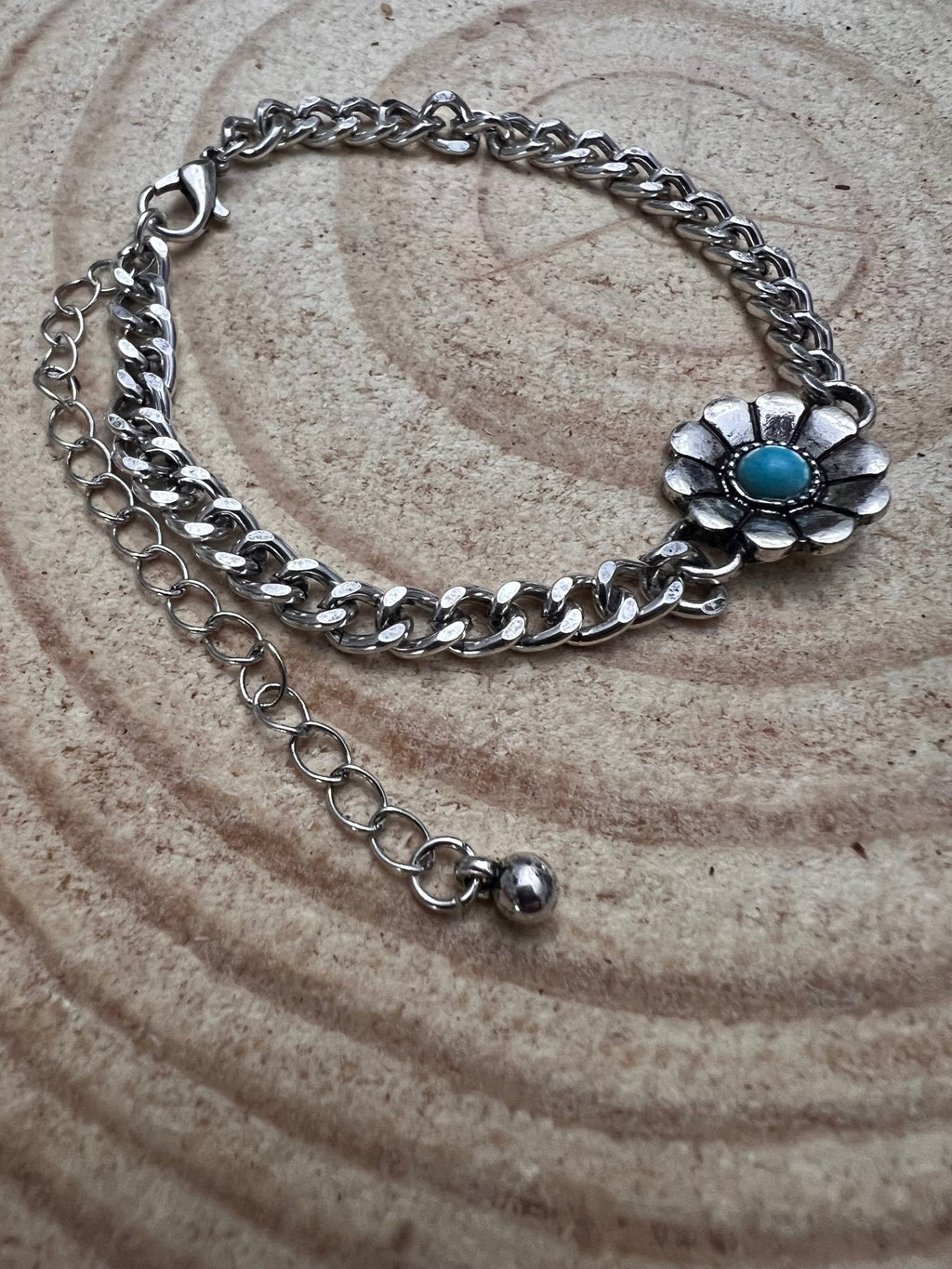 Western Flower & Faux Turquoise Cuban Chain Bracelet — with Extender