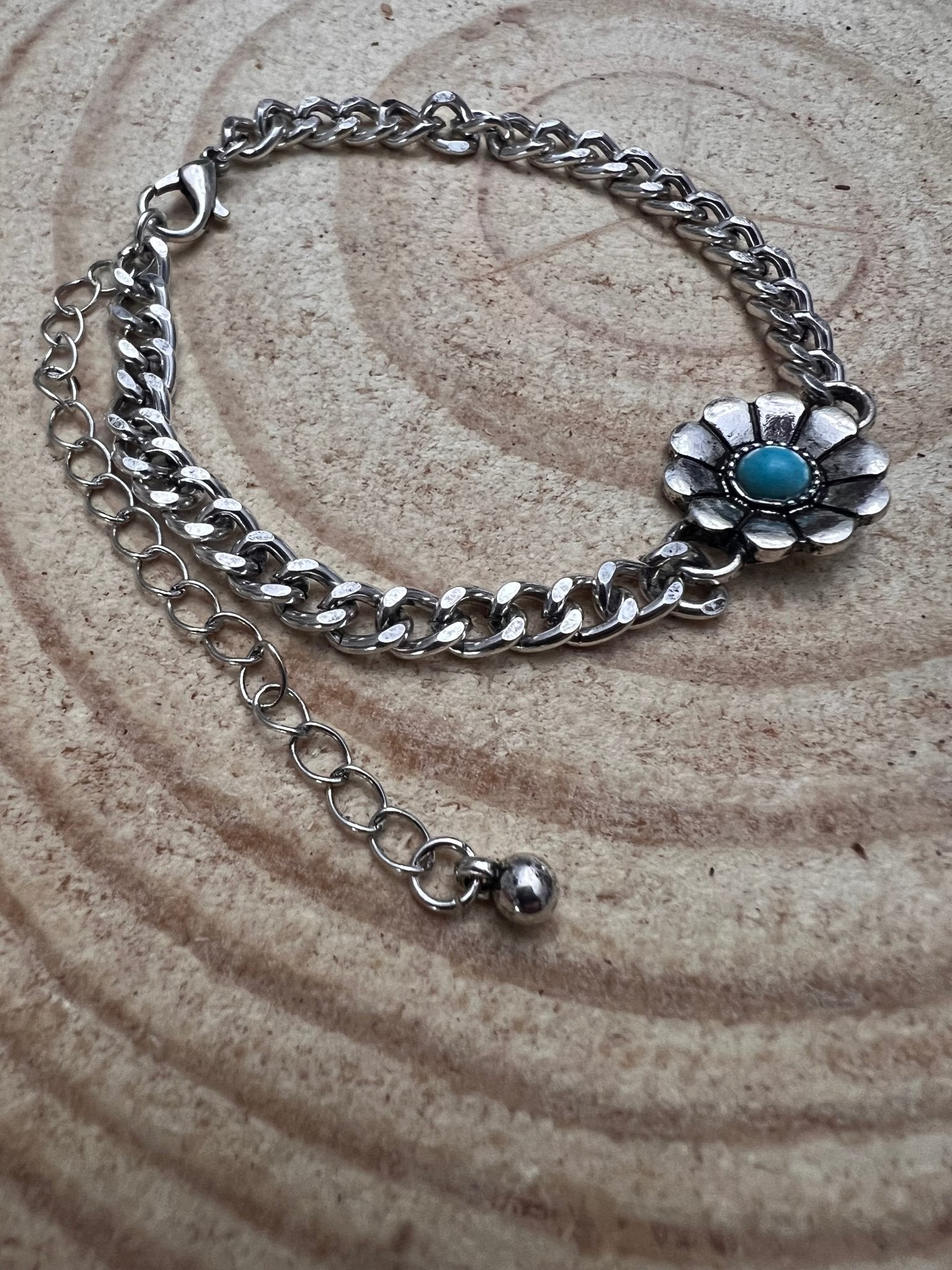Western Flower & Faux Turquoise Cuban Chain Bracelet — with Extender