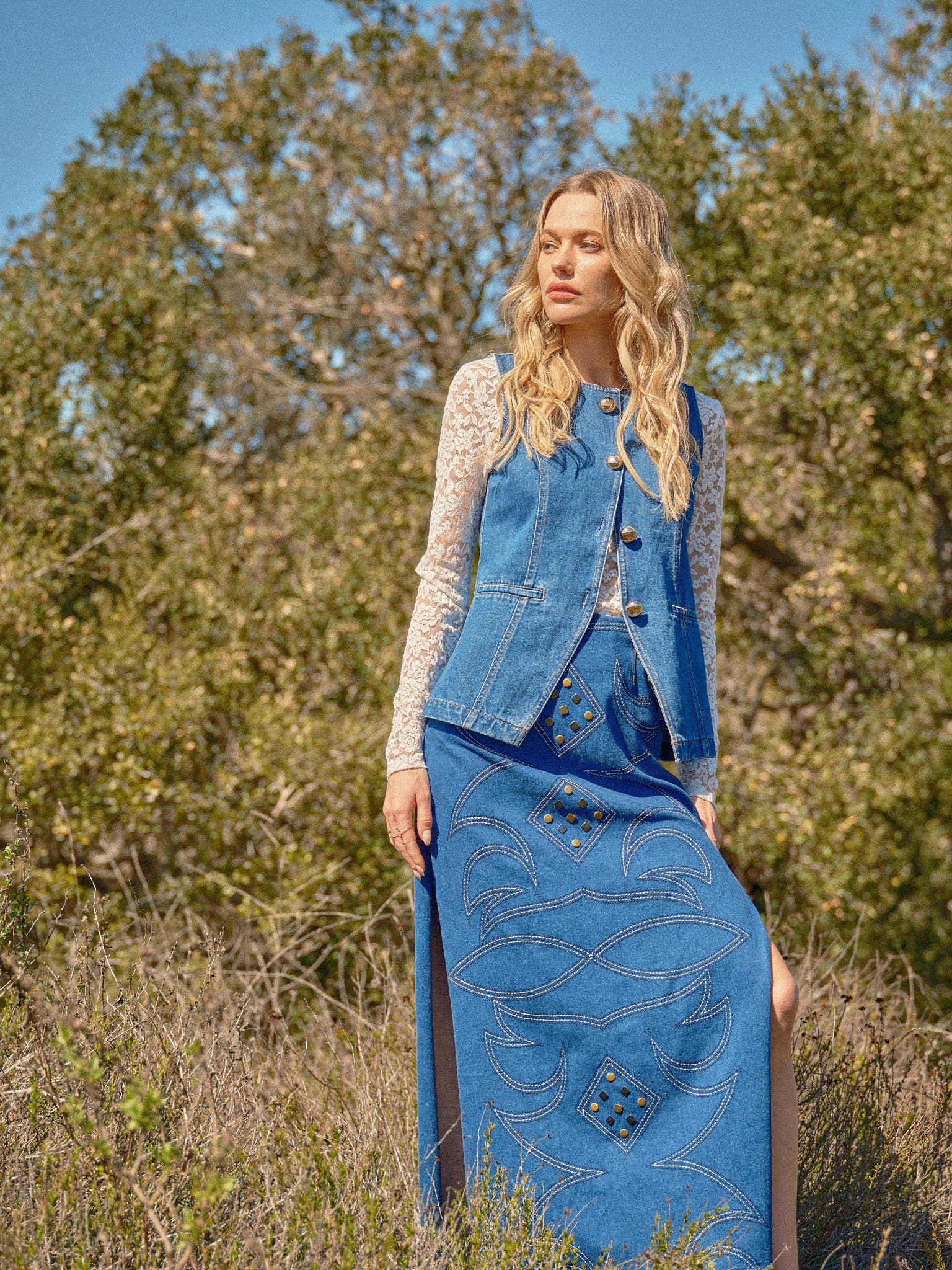 Blue B "Gold Rush" Button Denim Western Vest — Medium-Wash with Gold Shank Buttons & Side Welt Pockets