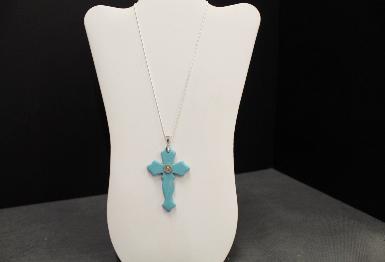 Turquoise Cross Pendant With 9mm Bullet Head on Silver Chain, Southwestern Style, Bullet Jewelry Gift For Her, Girlfriend Gift