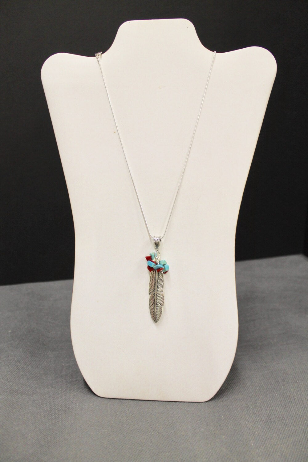 Silver Feather Turquoise and Red Pendant on Silver Chain, Southwestern Style, Gift For Her, Valentines Gift, Girlfriend Gift