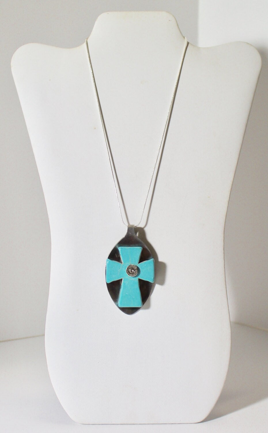Spoon Art Turquoise Cross With 9mm Bullet Head on Silver Chain, Flatware Jewelry, Gift For Her, Valentines Day Gift, Southwestern