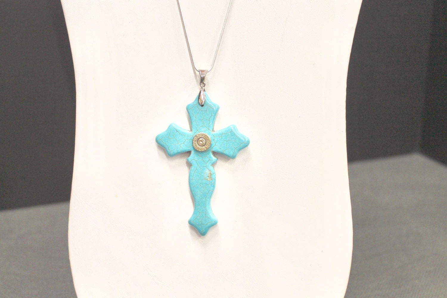 Turquoise Cross Pendant With 9mm Bullet Head on Silver Chain, Southwestern Style, Bullet Jewelry Gift For Her, Girlfriend Gift