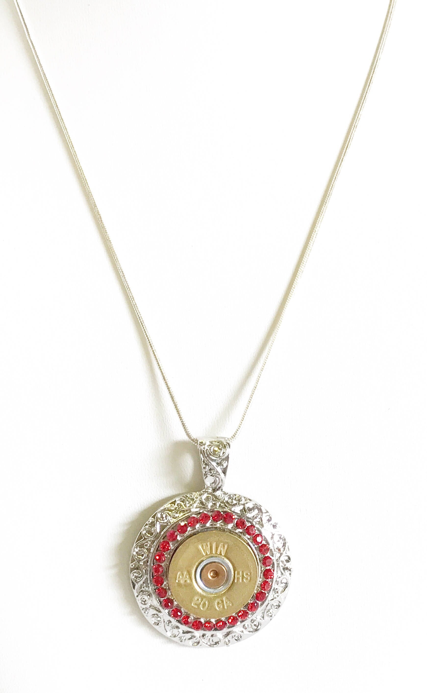 Shotgun Shell Necklace, Red Crystal 20 Gauge Pendant Necklace, Gift For Her, Shooting Sports Jewelry Gift, Southwestern Style Wife Jewelry