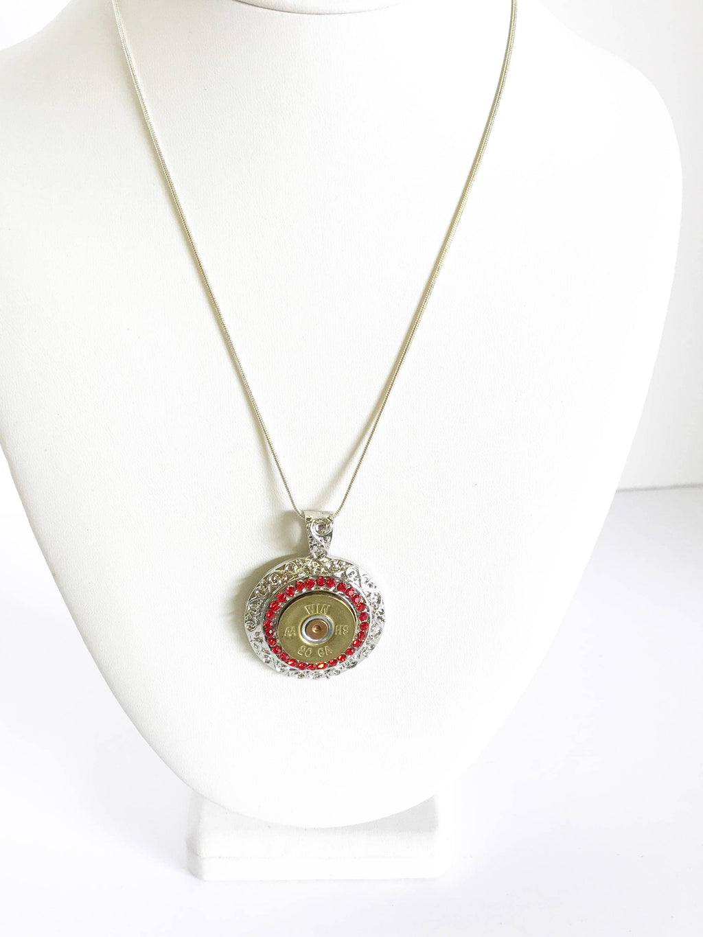 Shotgun Shell Necklace, Red Crystal 20 Gauge Pendant Necklace, Gift For Her, Shooting Sports Jewelry Gift, Southwestern Style Wife Jewelry