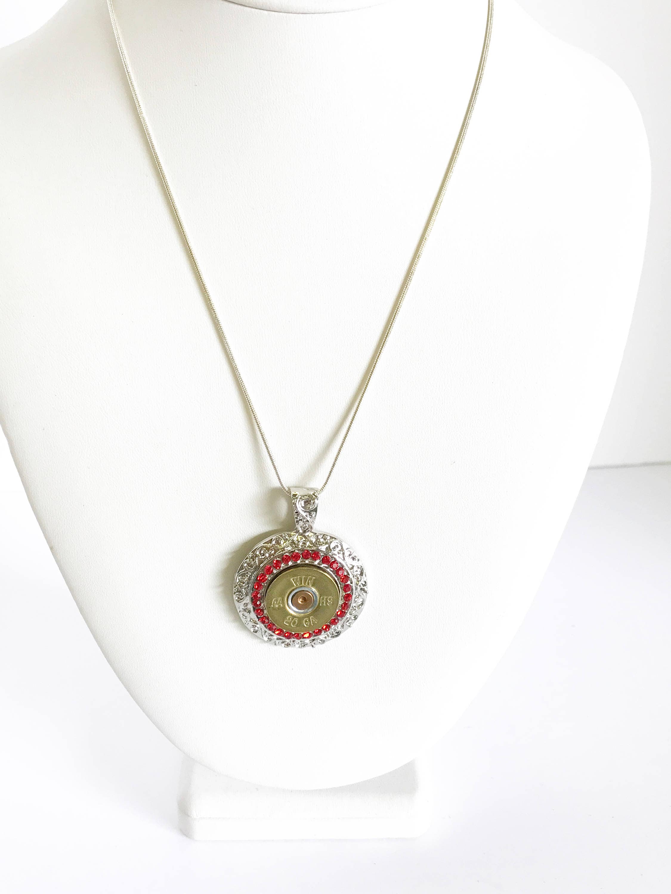 Shotgun Shell Necklace, Red Crystal 20 Gauge Pendant Necklace, Gift For Her, Shooting Sports Jewelry Gift, Southwestern Style Wife Jewelry