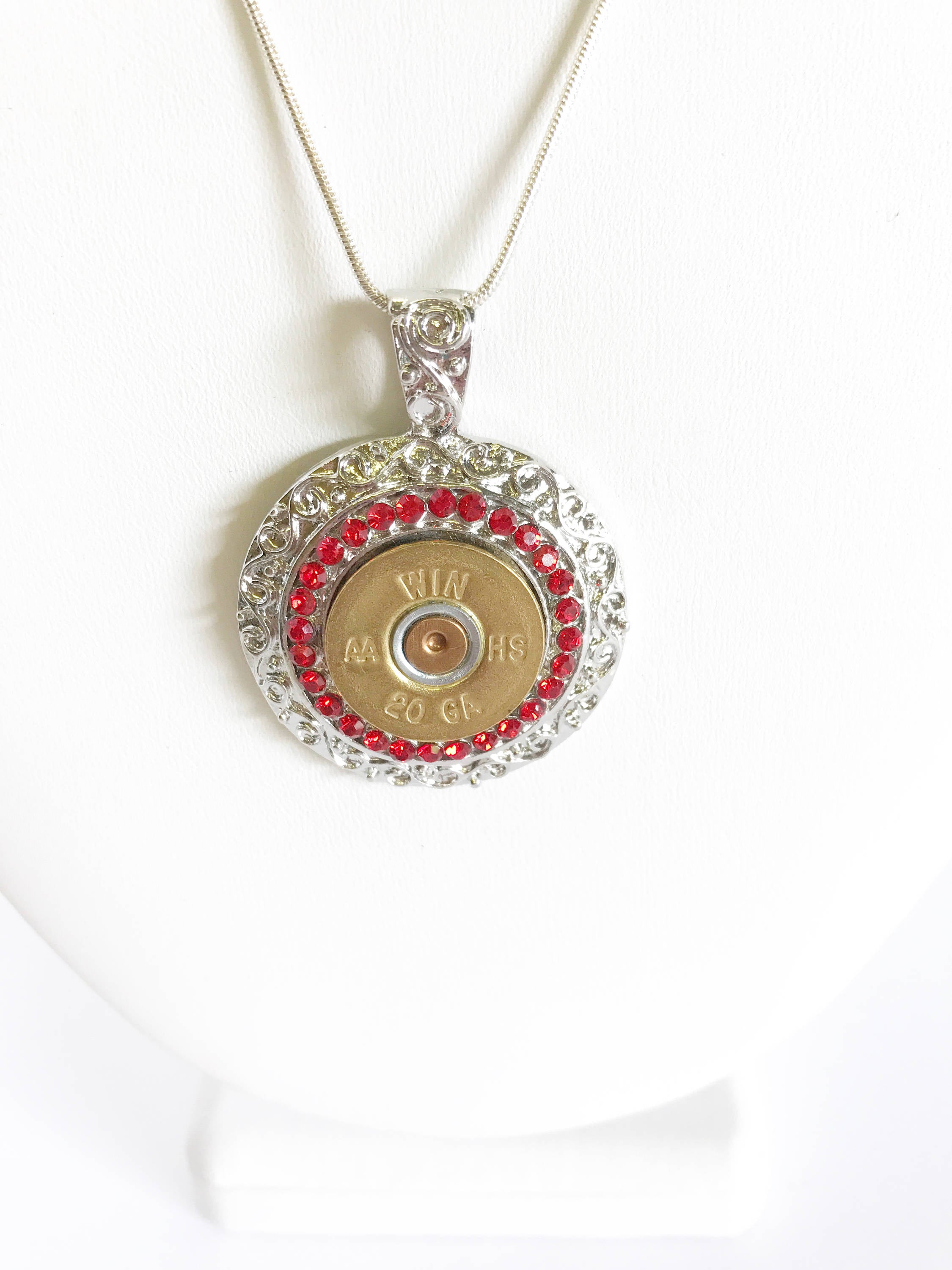 Shotgun Shell Necklace, Red Crystal 20 Gauge Pendant Necklace, Gift For Her, Shooting Sports Jewelry Gift, Southwestern Style Wife Jewelry