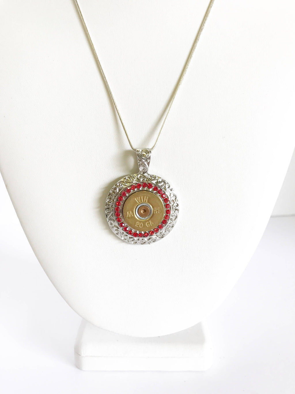 Shotgun Shell Necklace, Red Crystal 20 Gauge Pendant Necklace, Gift For Her, Shooting Sports Jewelry Gift, Southwestern Style Wife Jewelry