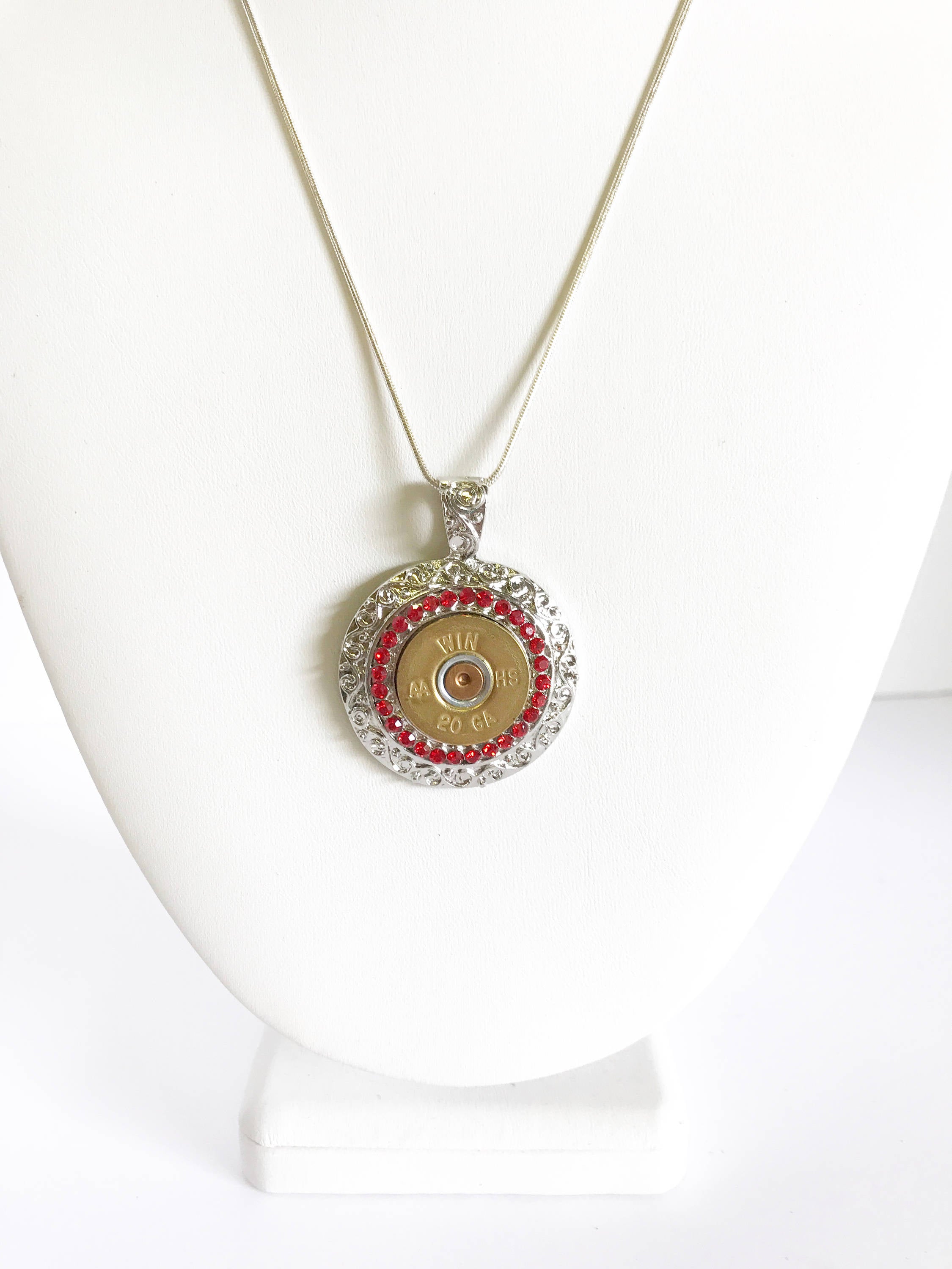 Shotgun Shell Necklace, Red Crystal 20 Gauge Pendant Necklace, Gift For Her, Shooting Sports Jewelry Gift, Southwestern Style Wife Jewelry