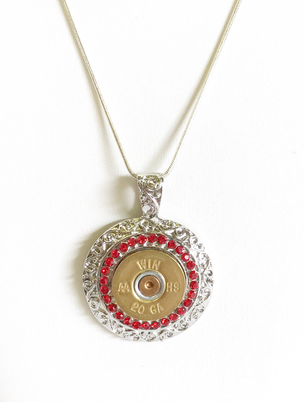 Shotgun Shell Necklace, Red Crystal 20 Gauge Pendant Necklace, Gift For Her, Shooting Sports Jewelry Gift, Southwestern Style Wife Jewelry