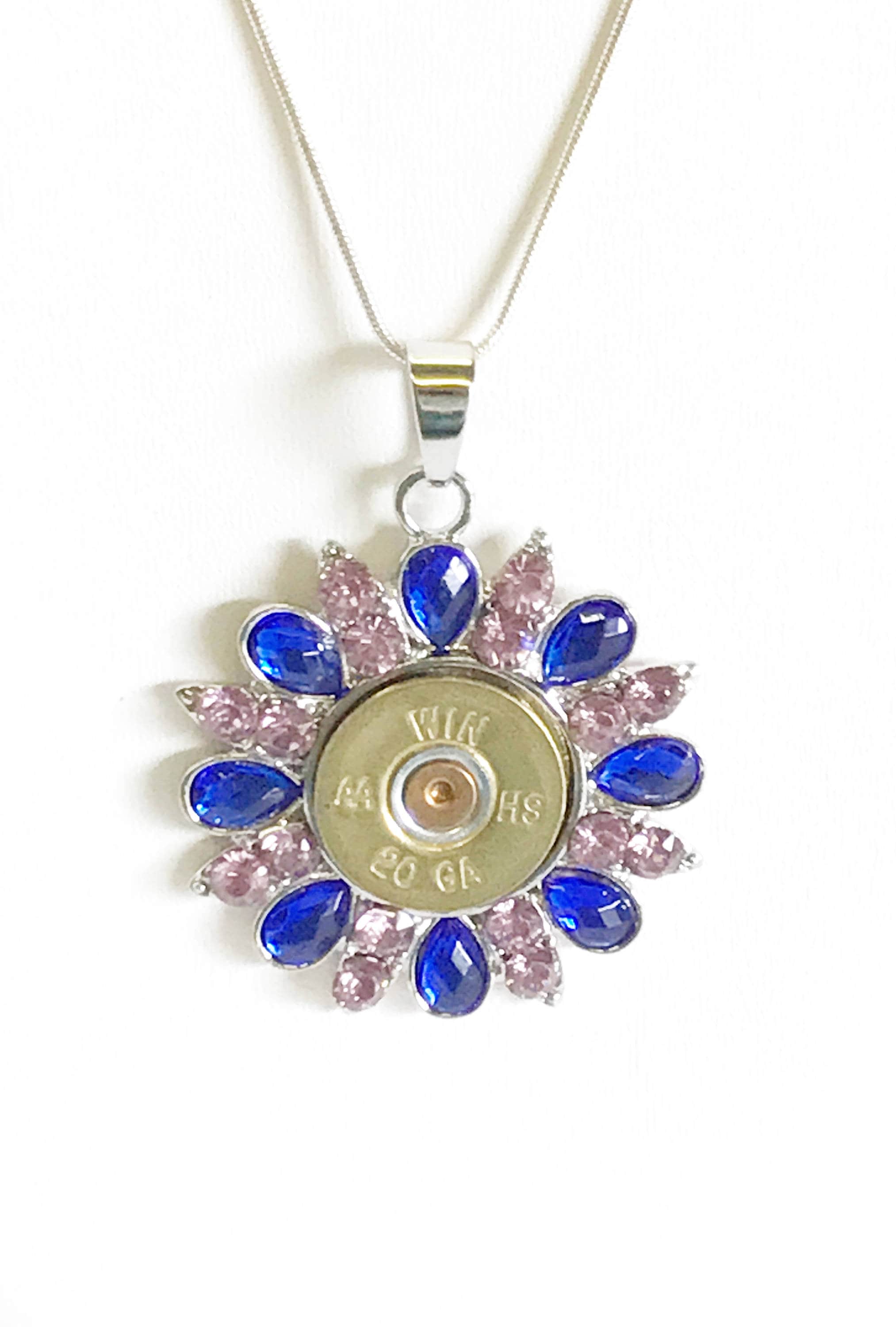 Shotgun Shell Necklace, Blue and Pink Crystal 20 Gauge Pendant, Gift For Her, Shooting Sports Jewelry Gift, Southwestern Style Wife Jewelry