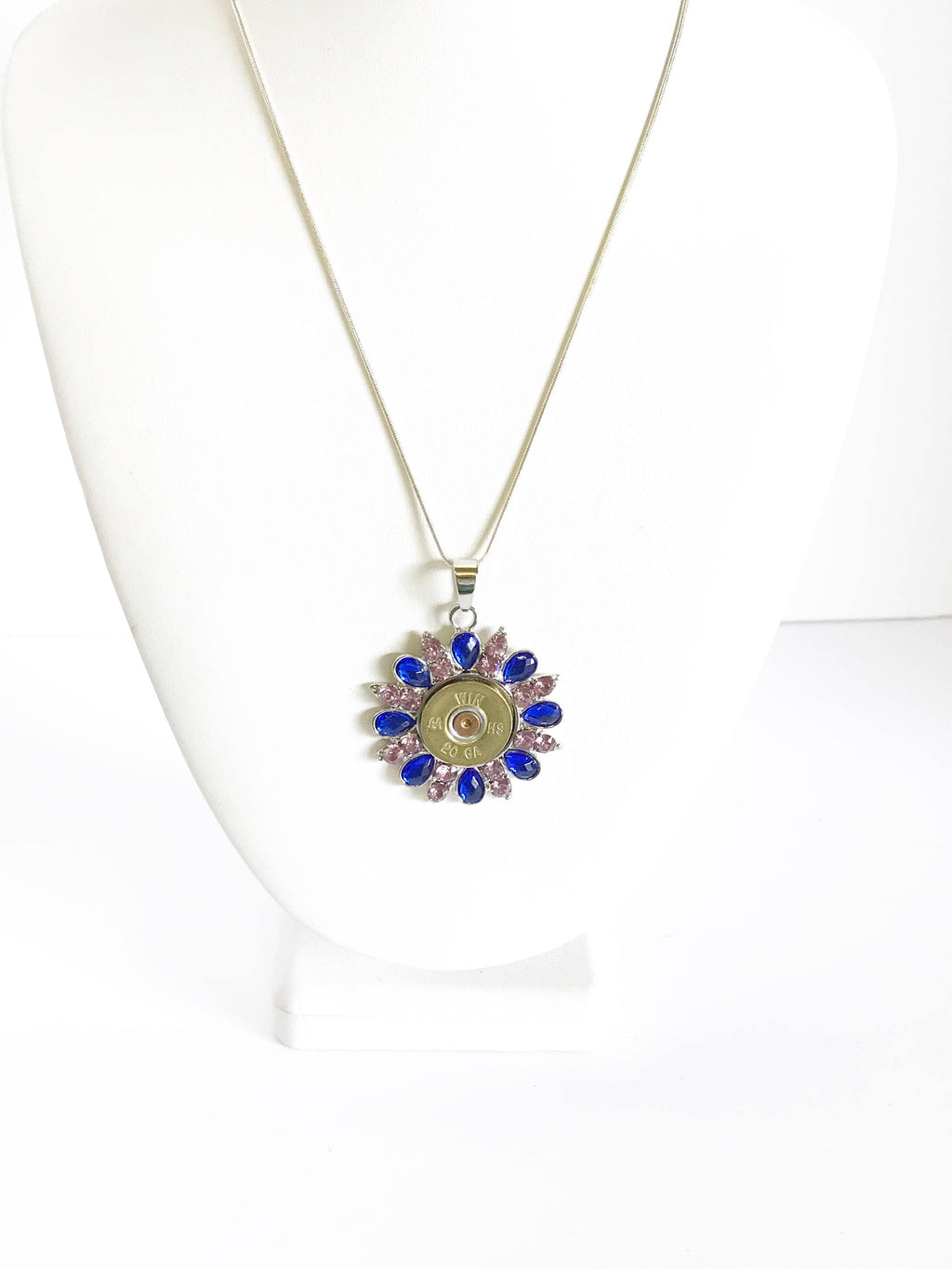 Shotgun Shell Necklace, Blue and Pink Crystal 20 Gauge Pendant, Gift For Her, Shooting Sports Jewelry Gift, Southwestern Style Wife Jewelry