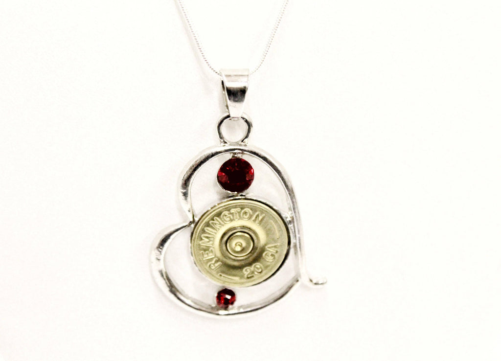 Shotgun Shell Jewelry, Red Stone Silver Heart Shotgun Shell Necklace, Shooting Sports Gift For Her, Girlfriend Gift, Southwestern Style Gift