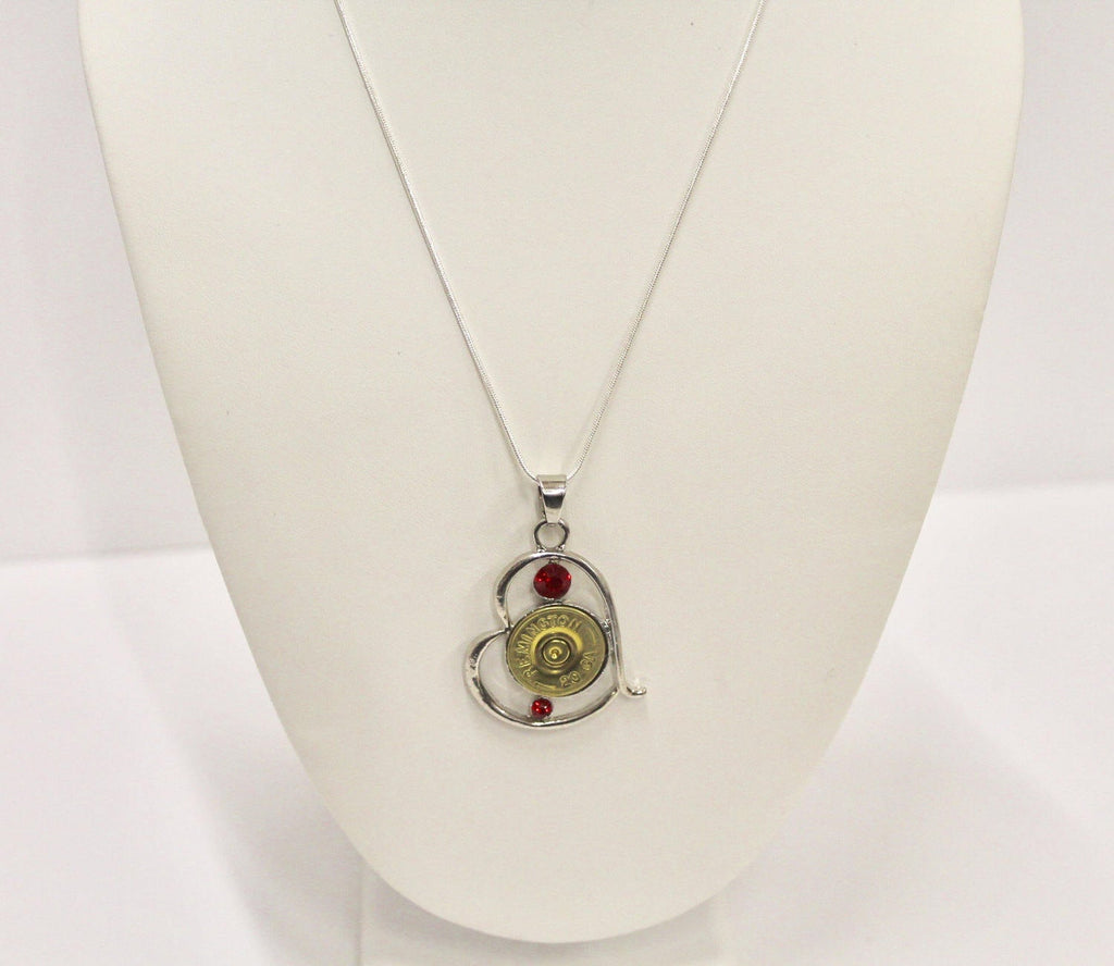 Shotgun Shell Jewelry, Red Stone Silver Heart Shotgun Shell Necklace, Shooting Sports Gift For Her, Girlfriend Gift, Southwestern Style Gift