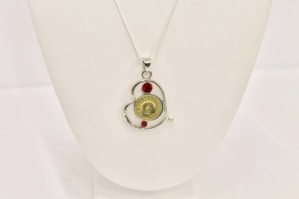 Shotgun Shell Jewelry, Red Stone Silver Heart Shotgun Shell Necklace, Shooting Sports Gift For Her, Girlfriend Gift, Southwestern Style Gift