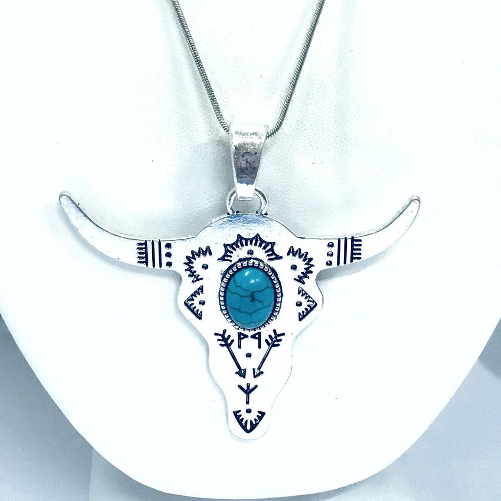 Bull Horns Pendant Necklace, Southwestern Style Necklace, Cowgirl Jewelry Gift, Grab The Bull By The Horns, Silver Statement Necklace