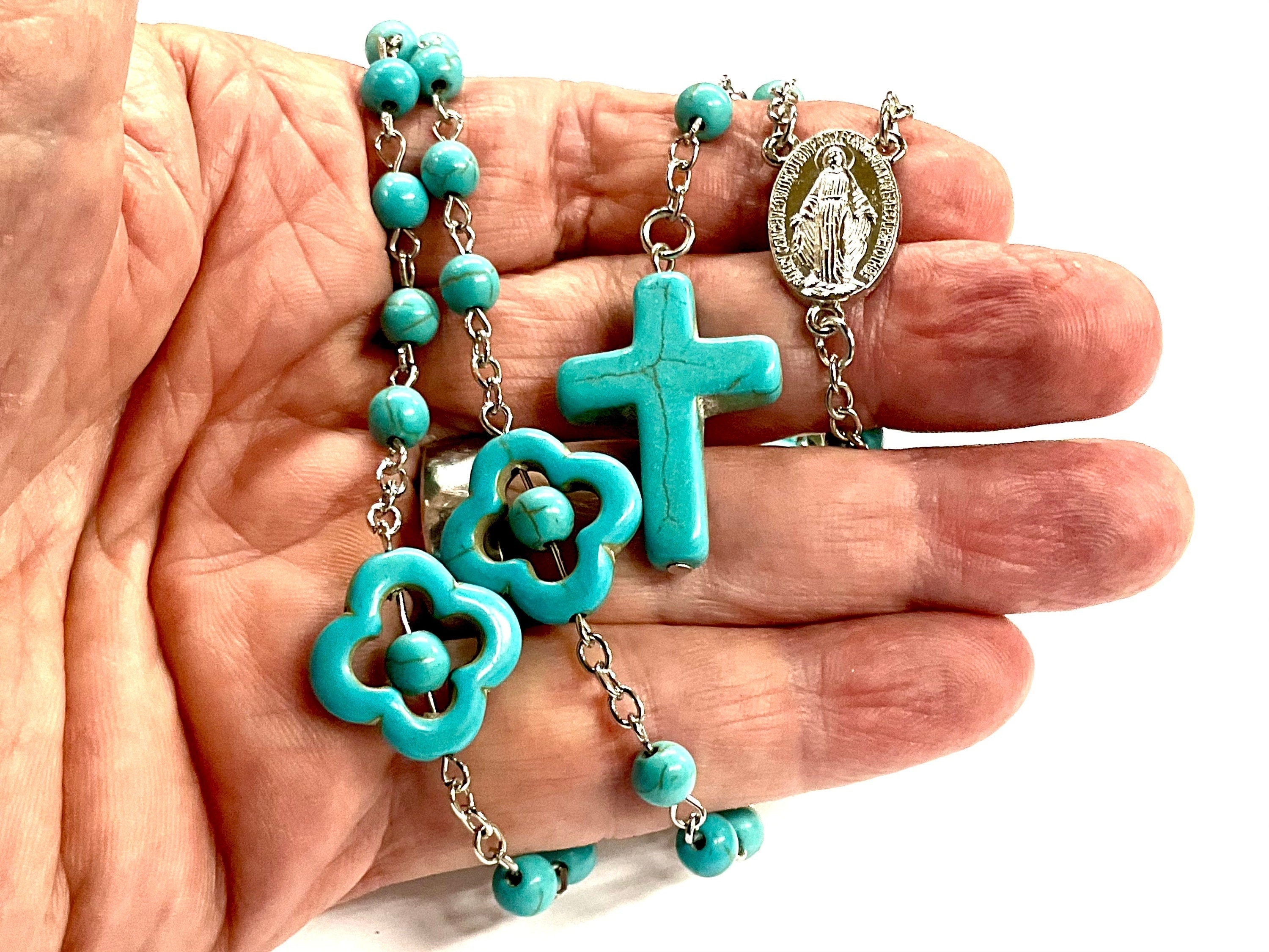 Rosary Natural Stone Crucifix Necklace Catholic 5 Decade Turquoise Prayer Beads Virgin Mary Pendant Orthodox Catholic Cross Round Beaded