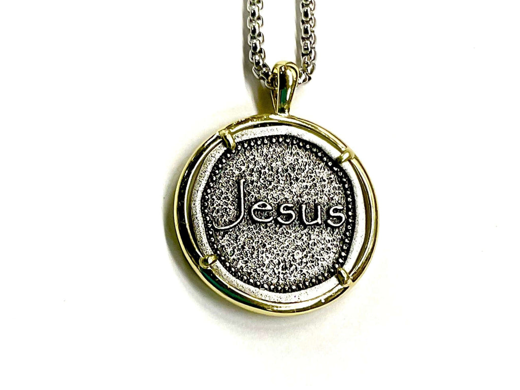 Jesus Stamped Medal with Gold Trim Jesus Cross Silver Jesus Cast Medallion Stainless Steel Box Chain