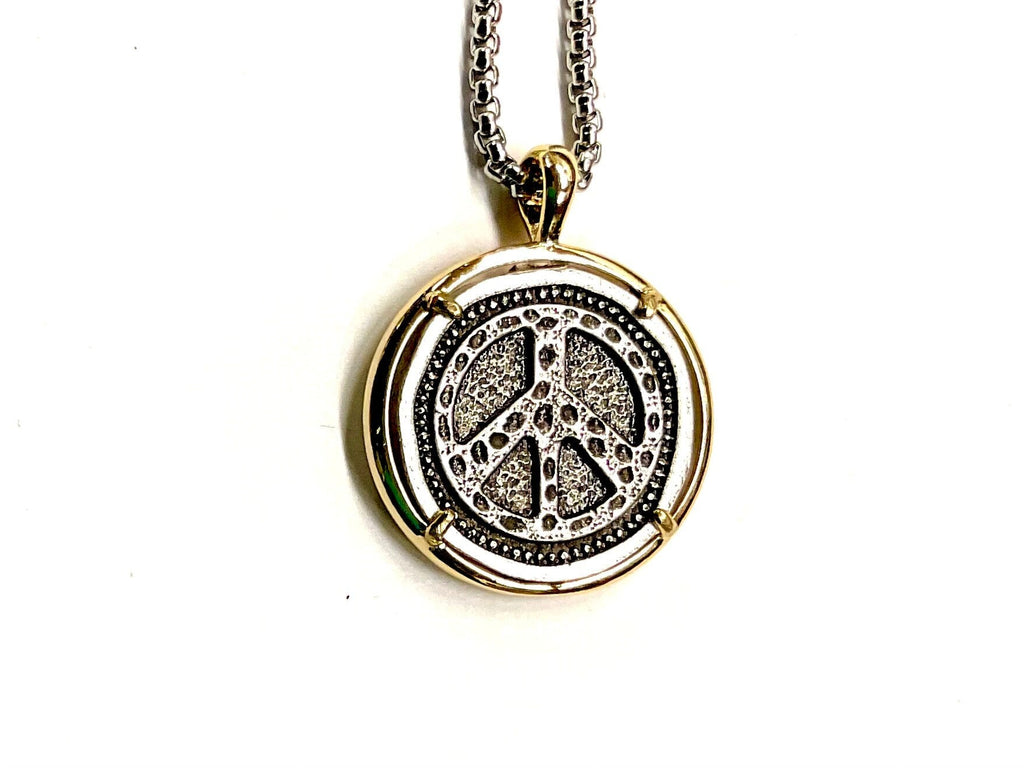 Peace Symbol Necklace Ribbon Medal Hope Love Cast Medallion Stainless Steel Chain