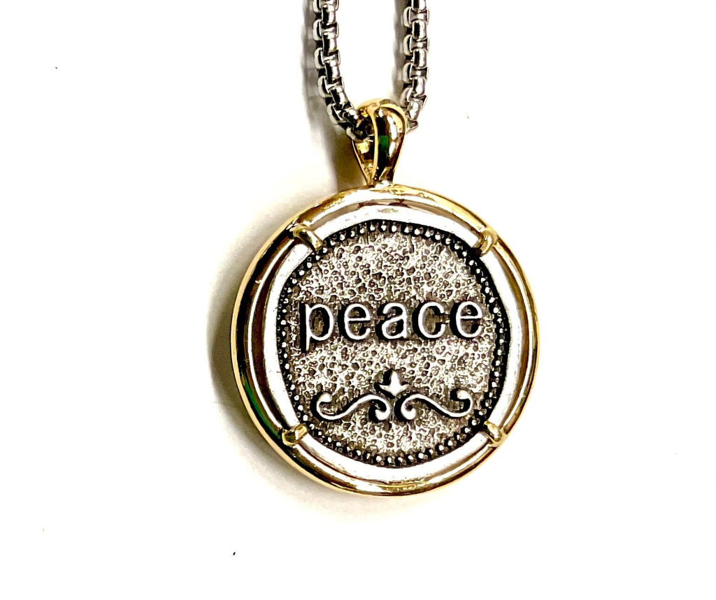 Peace Symbol Necklace Ribbon Medal Hope Love Cast Medallion Stainless Steel Chain