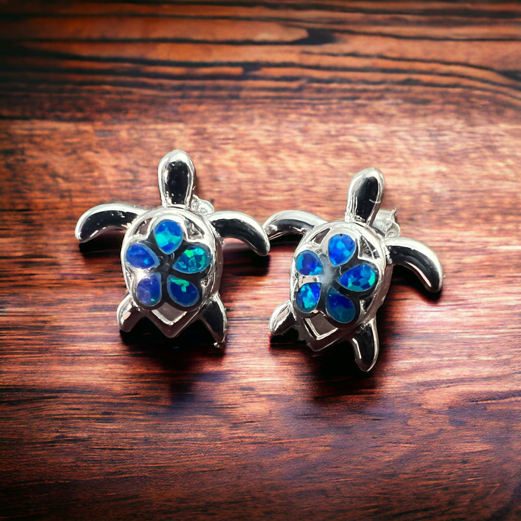 Opalite Sea Turtle Sterling Silver Post Earrings — Whimsical Coastal Western