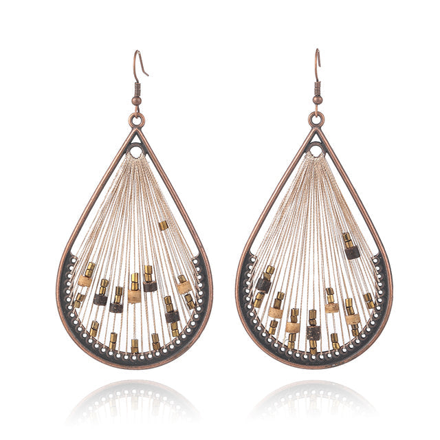 Large String and Wood Drop Earrings