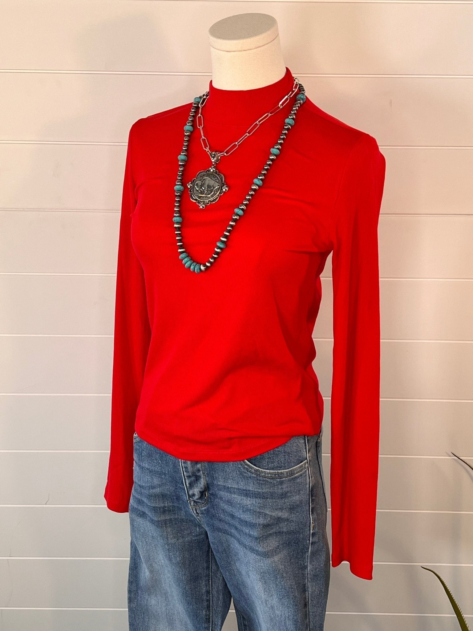 La Miel Ribbed Long Sleeve Mock Neck Western Basics Top — Layering Staple (4 Colors: Red, Teal, Black, Brown)