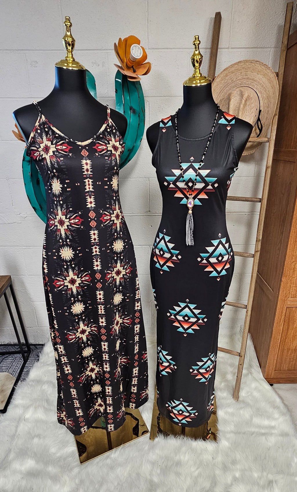 Baha Ranch Black and Tan Southwestern Aztec Western Maxi Dress