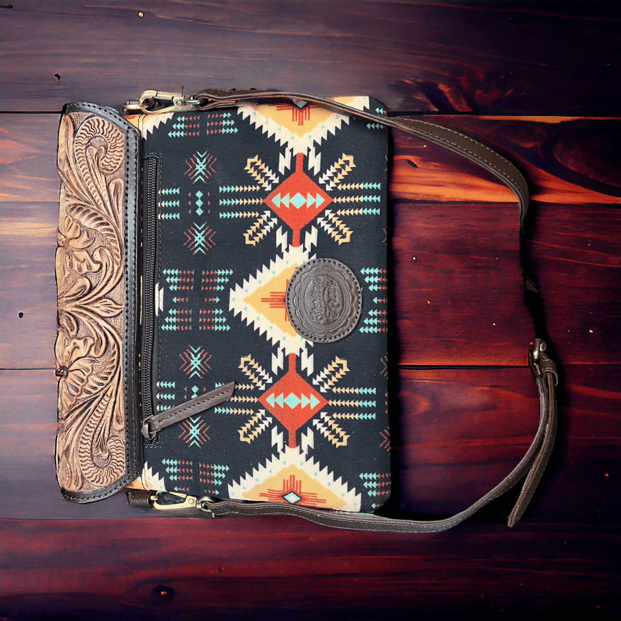 Sterling Kreek "South Point" Tooled Real Leather Crossbody Bag — Black Aztec Western Statement
