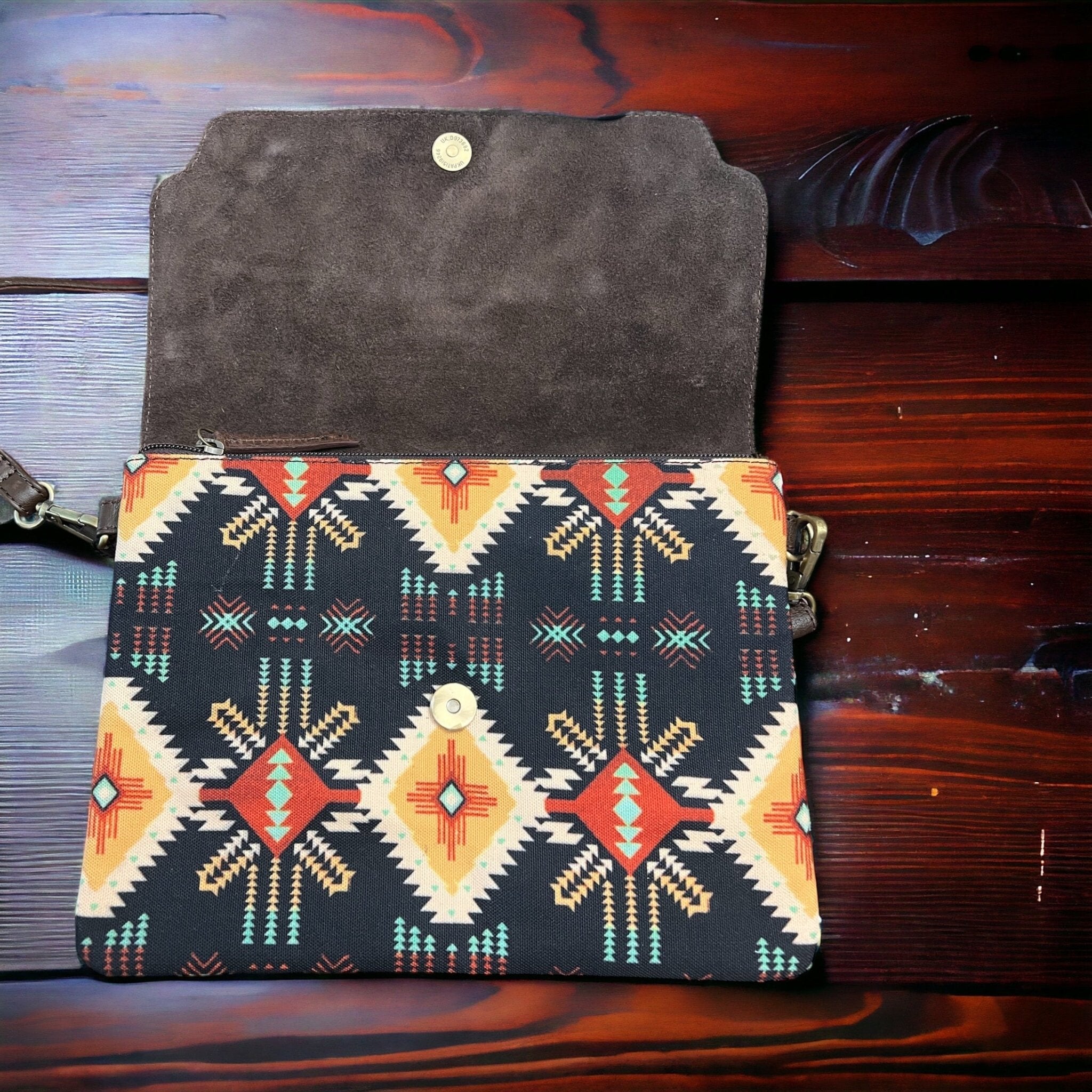 Sterling Kreek "South Point" Tooled Real Leather Crossbody Bag — Black Aztec Western Statement