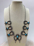 Western Squash Blossom Necklace & Earring Set with Faux Turquoise — 24 Inch Southwestern Set