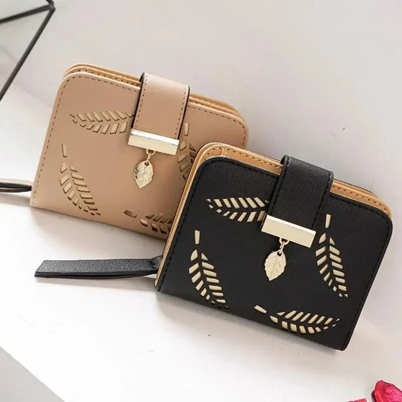 Vintage PU Leather Short Wallets Leaf Design Fashion Purse For Women Elegant Ladies Cute Zipper Purses Card Holders Women Wallet