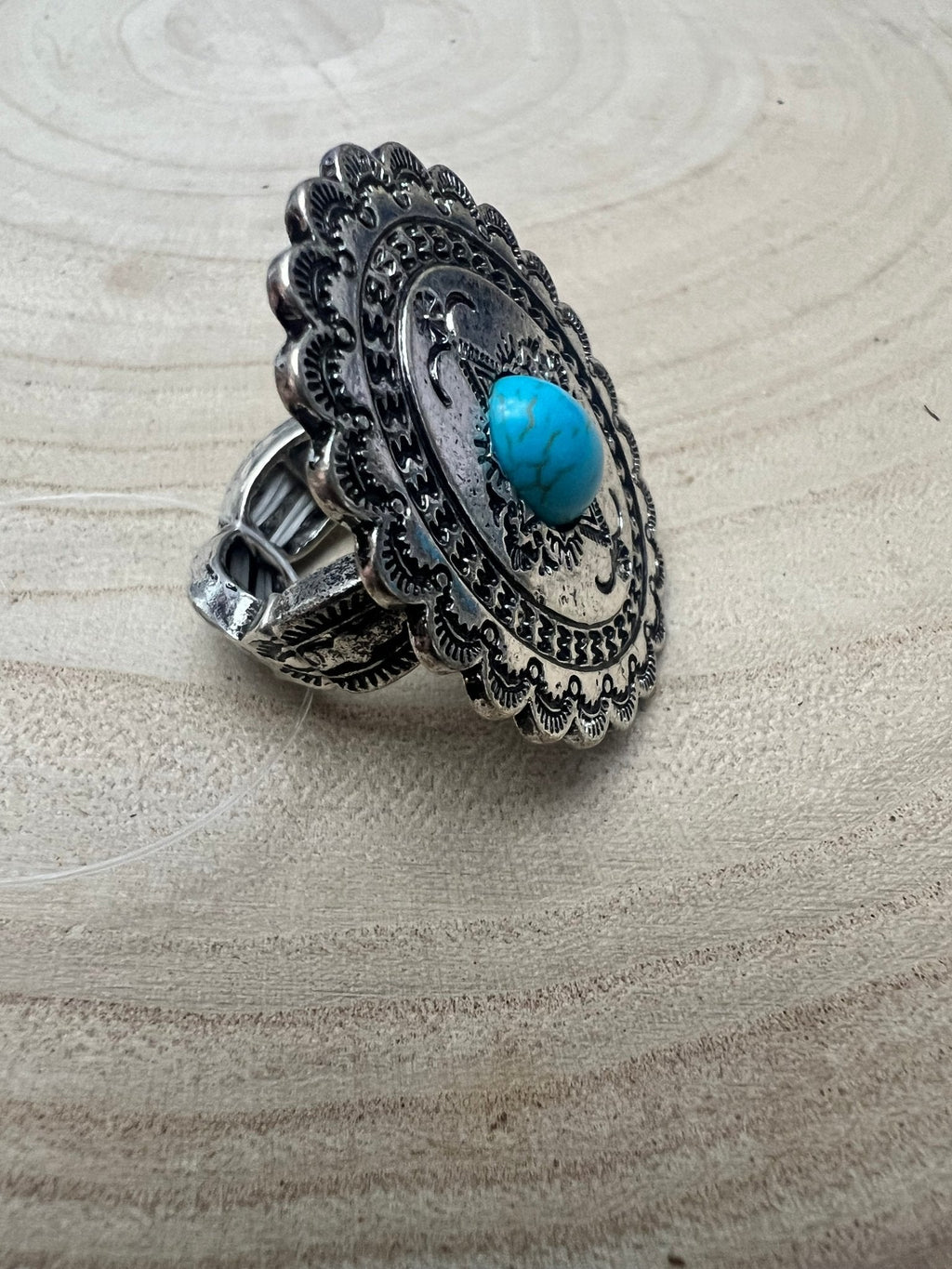 Western Concho & Faux Turquoise Stretch Statement Ring — 1.5" Bold Western Hand Statement