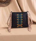 Wrangler Western Aztec Embroidered Crossbody Bag — Black with Fringe & Wrangler Logo